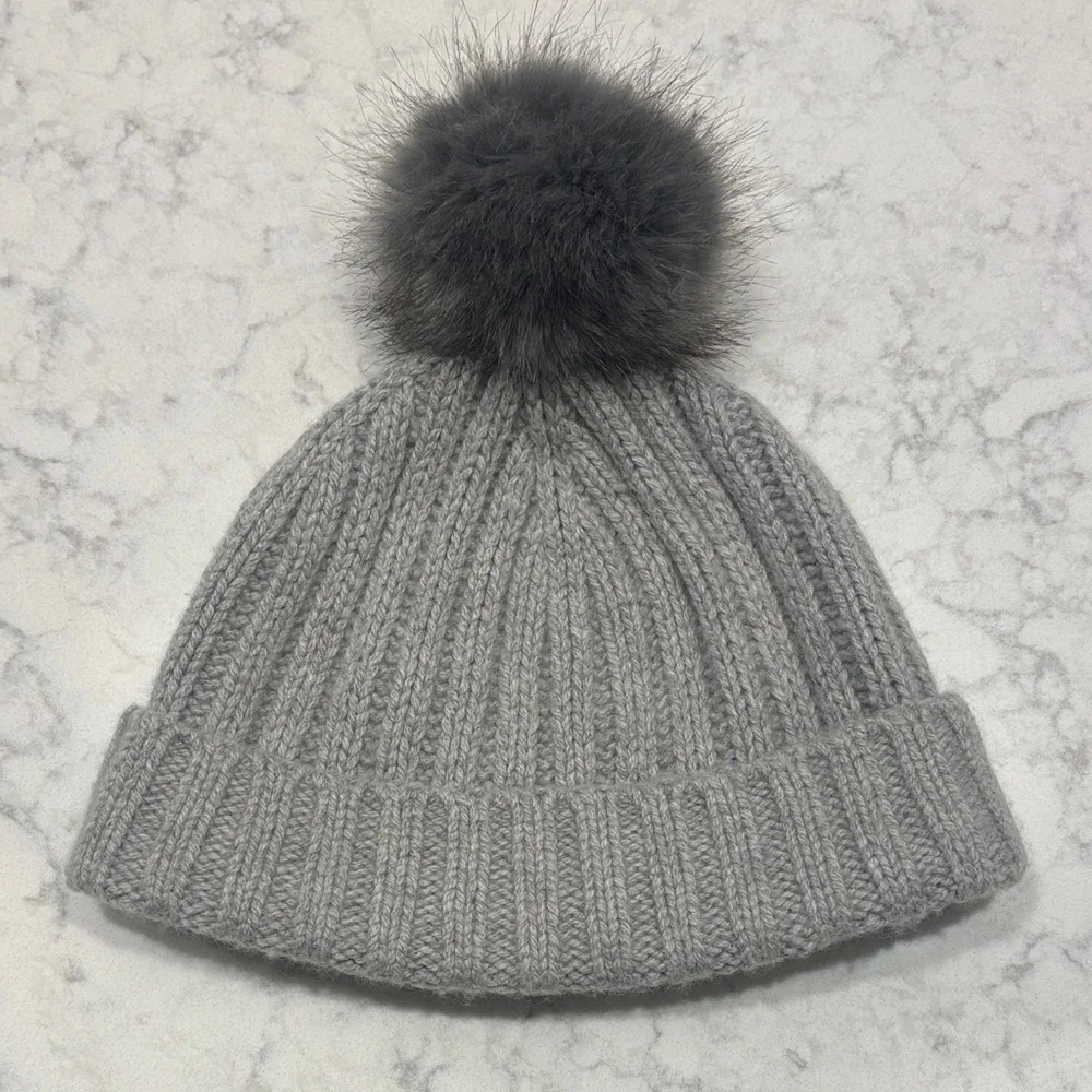 J. Crew Ribbed Beanie Hat in Gray with Gray Pom Pom‎